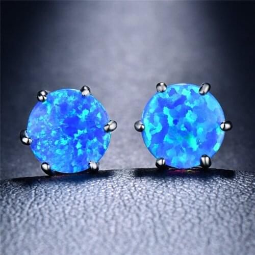 Bamos 8MM Blue Fire opal Stud Earrings Small Round Double Piercing Earrings For Women Men Fashion Wedding Jewelry Birthday Gift