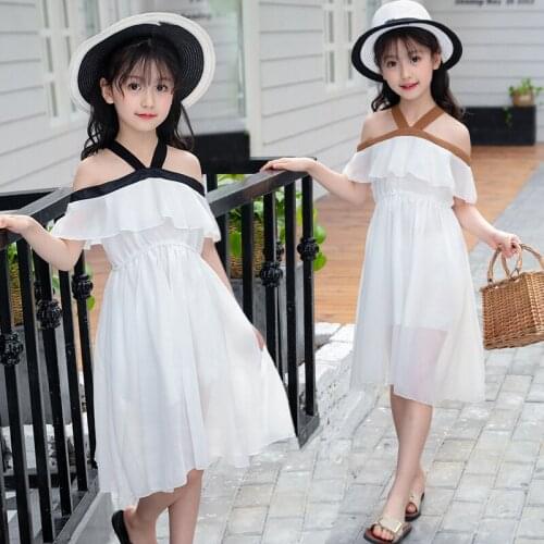 New Summer Girls Chiffon One-shoulder Bow Dress Fashion Ruffles Strapless Shoulder Slim Fit Sweet Party Dresses Girls Clothes
