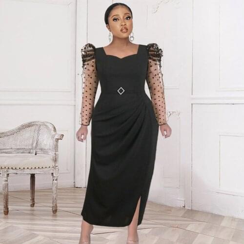 Classy Women Dresses Plus Size 4XL 5XL Black Dress Long Tulle Sleeve Diamond Belt Curve Ladies Outfits In Office Events Party
