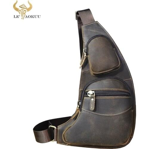 Trend Men Crazy Horse Leather Casual Fashion Travel Chest Pack Sling Bag Design Triangle One Shoulder Crossbody Bag Daypack 2021