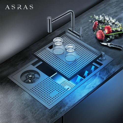 ASRAS-6038NX Nano Black Kitchen Sink with High-pressure Automatic Cup Rinser 304 Stainless Steel Wine Bar Cup Washer with Faucet
