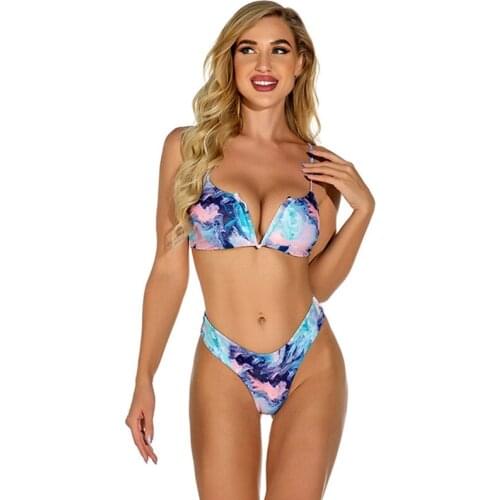 Women Sexy V-Neck Tie-Dye Split Swimsuit Bikini Pink Blue