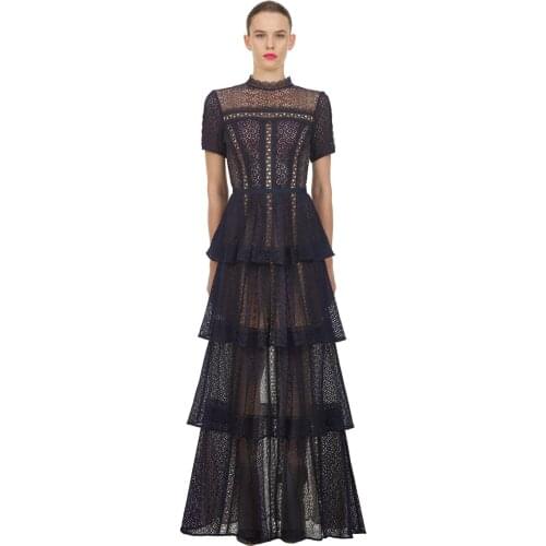 Vintage Ruffles Navy Hollow Out Lace Long Party Dress Women 2021 High Quality O-neck Short Sleeve Runway Designer Dress