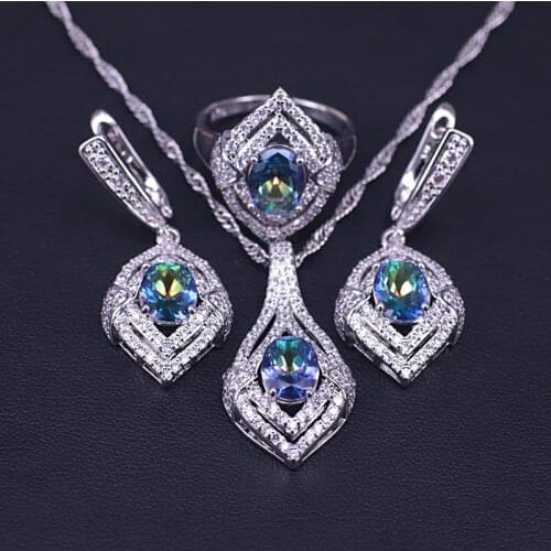 Natural Necklace Rings Earrings Set Rainbow Jewelry Sets Silver Color Stone Wedding Earrings For Women Stones Gifts Box