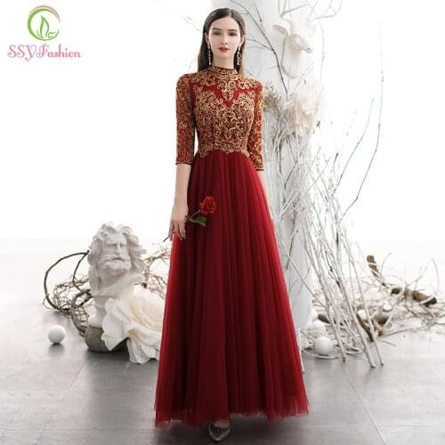 SSYFashion New Elegant Wine Red Evening Dress High-neck 3/4 Sleeve Sequins Beading Banquet Formal Gown Custom Vestido De Noche
