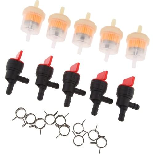 5Pcs 1/4 Inline Fuel Filters + 5Pcs 1/4 Shut Off Valves + 10Pcs Hose Clamps for 698181 697944