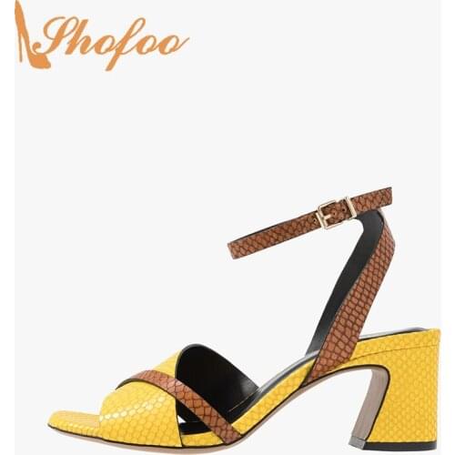 Yellow Brown Snake High Chunky Heels Women Sandals Open Toe Ankle Strap Large Size 14 15 Ladies Summer Fashion New Shoes Shofoo