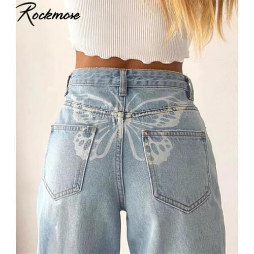 Rockmore Butterfly Print High Waist WomenS Jeans Loose Wide Leg Pants Y2K Mom Boyfriend Denim Capris Straight Trousers Oversize