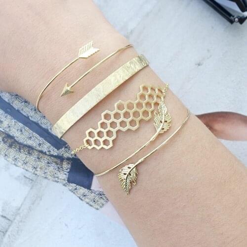 HebeDeer Bohemian Simple Kpop Open Leaf Arrow Molecular Bangle Bracelet Women Combination Fashion Bangle Jewelry Accessories