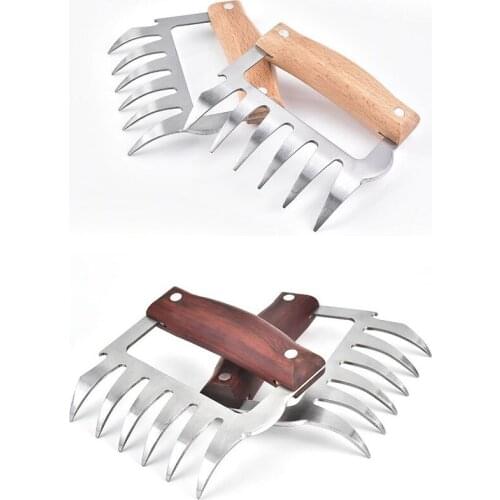 Stainless Steel Bear Claw Wooden Handle Meat Divided Tearing Flesh Multifunctional Meat Shred Pork Clamp BBQ Tool 2 Pcs/Set
