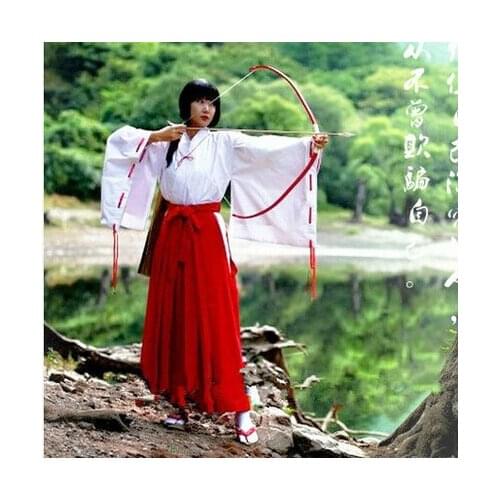 Inuyasha Anime Kikyou cosplay kimono Complete set cos Halloween party red kimono full set 3in1(Top+Pants+belt)