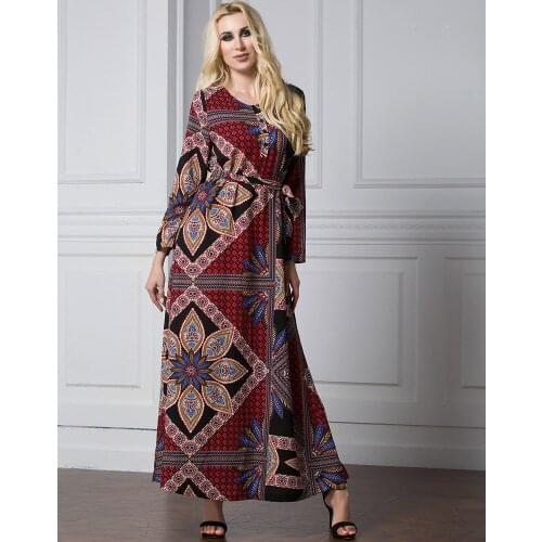 Fashion maxi long dress printed flowers Muslim Abaya in Dubai Islamic Clothing Jilbab Djellaba Robe with belt 5069