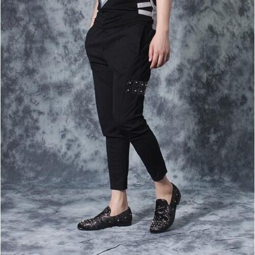 Punk personality male slim ankle length trousers mens casual pants patchwork rivet skinny pants men feet pants 2020 summer black