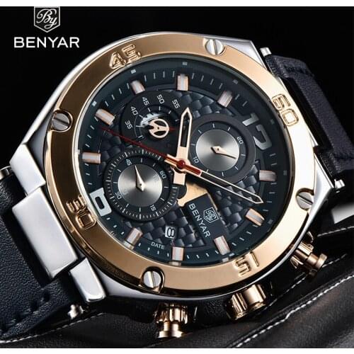 Benyar 2021 New Fashion Luxury Men Busines Quartz Watch Top Brand Leather Waterproof Automatic Calendar Clock Watch Montre Homme