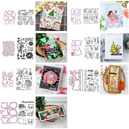 Mice Cat Pig Elf Critter Little Boy Girl Angel Outline Cutting Dies Match Clear Stamps Candy Cane Present Holly Christmas Tree