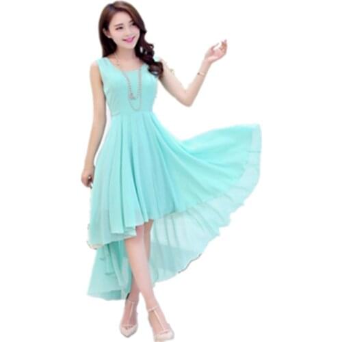 2020 New Women Summer Fashion Irregular Slim Chiffon Dress Bohemian Beach Dress Solid Color Round Neck Sleeveless Dress LD041