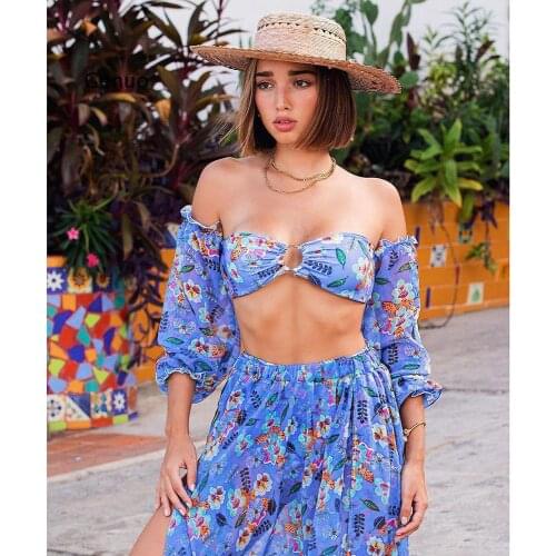 2021 New Bikini Set Beach Skirt Tunics for Beach Long Leaves Print Bikini Cover Upbeach Swimsuit Cover-Ups