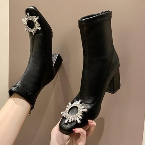 New 2021 Ladies Modern Boots Square Toe High Heels Shoes Autumn Winter Female Zipper Shoes For Women Ankle Short Chelsea Boots