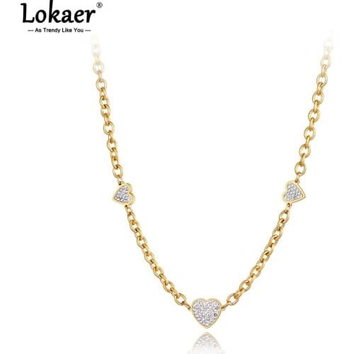 Lokaer Trendy Stainless Steel White Clay Rhinestone Heart Charm Necklace Jewelry Lovely Pendant Necklace For Women Girls N21123