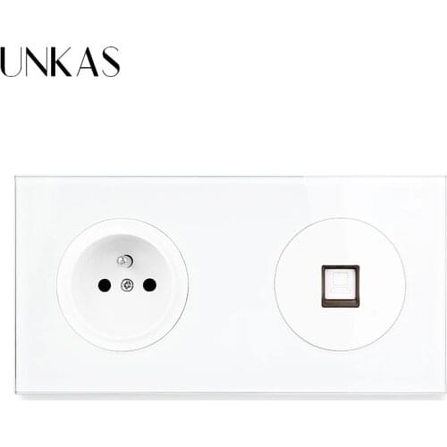 UNKAS Crystal Tempered Pure Glass Panel Panel Black French Standard Wall Socket +2 Gang CAT5E RJ45 Internet Data Computer Jack