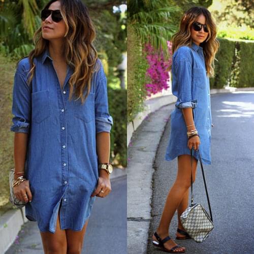 Fashion Womens Denim Dress Summer Long Sleeve Casual Loose Tops Mini Shirt Dress