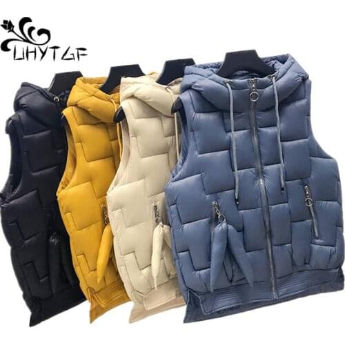 UHYTGF Hooded down jacket autumn winter vest women Casual Short Parker tops Loose plus size cotton waistcoat colete feminino 806