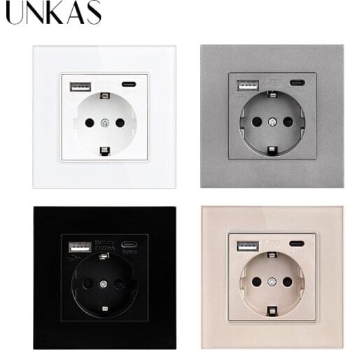 UNKAS Type C USB Socket Port Fast Charger Adapter For Mobile Phone Glass Plastic Panel 16A EU Plug 5V 2100mA AC 110V-250V Outlet