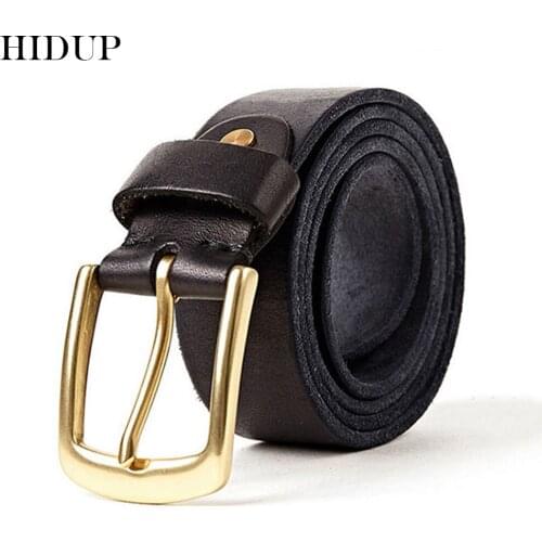 HIDUP Top Quality Brass Pin Buckle Metal Belts Men Retro Style Pure Solid Cow Cowhide Leather Belt Jean Accessories 3.8cm NWJ289