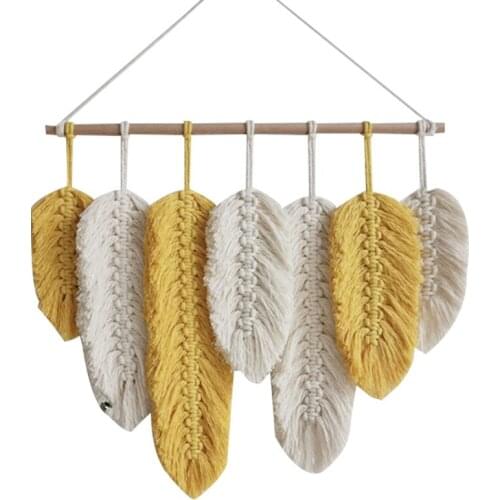 Hand-Made Macrame Wall Hanging Feather Cotton Woven Leaves Living Room Headboard Door Porch Hangings Boho Decor Wall Tapestry