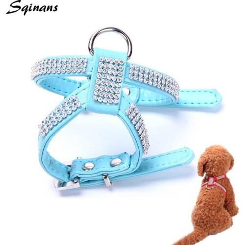 Sqinans Bling Rhinestone Dog Harness PU Leather Puppy Cat Chest Straps Dog Harness Leash Set For Small Dog Puppy Cat
