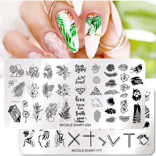 NICOLE DIARY Flowers Leaves Pattern Nail Stamping Plates Summer Fruit Letter Line Image Painting Nail Art Stencils Template