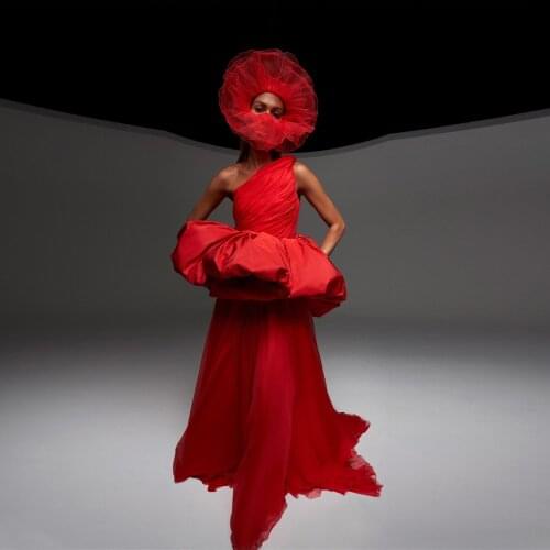 Evening Dresses With Face Decoration vestidos de fiesta de noche Red Peplum Waist Arabic Evening Dress Chiffon vestidos longo