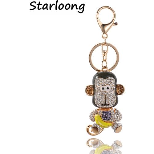 High Quality Drip Alloy Keychain Chaveiro drop oil Glaze monkey banana rhinestone crystal beads KeyChain stainless Key Ring
