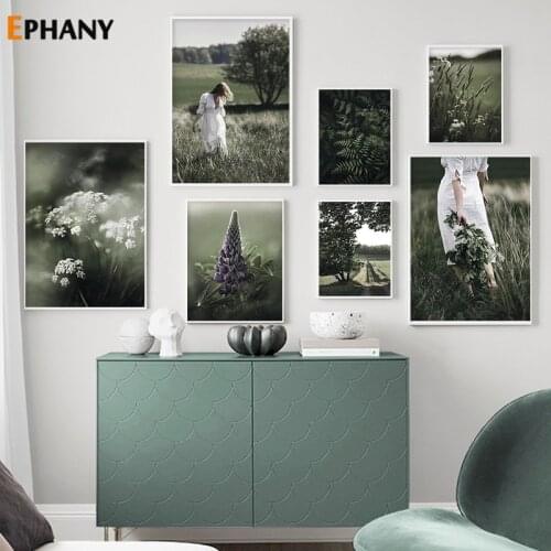 Green Fern Grass Lupin Bouquet Posters and Prints Sexy Woman Wall Art Pictures Nordic Canvas Painting for Living Room Decor