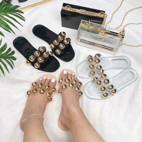 Womens Slipper Metal beads Pvc Transparent Clear Crystal Casaul Fashion Lady Sandals Summer Zapatillas Mujer Casa Flat Slippers