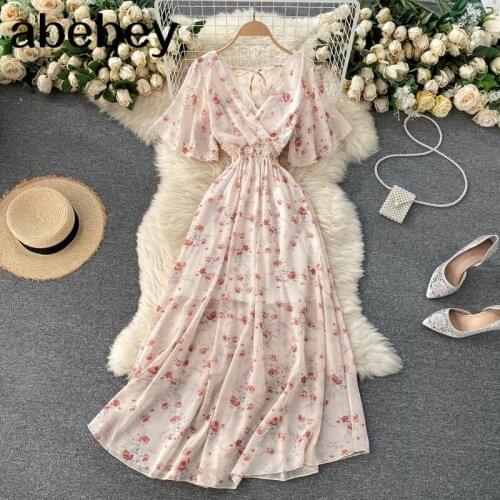 2021 Women Summer Dress Short Flare Sleeve V-neck Chiffon Maxi Dress Boho Style Floral Print High Waist A-line Beach Long Dress
