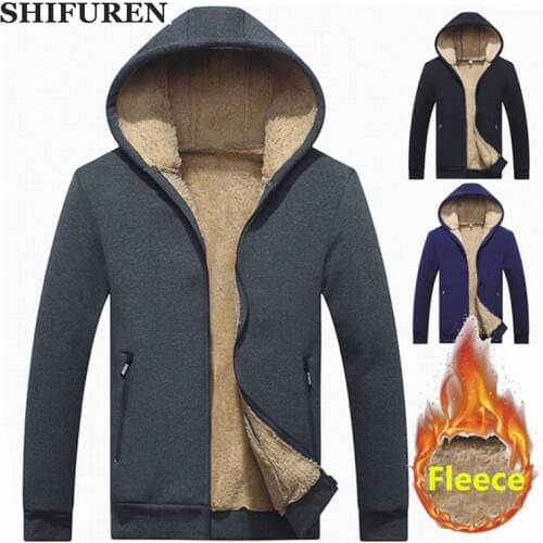 SHIFUREN Winter Warm Knitted Hooded Men Fleece Jacket Thick Lamb Cashmere Fleece Outerwear Long Sleeve Coats Plus Size M-4XL