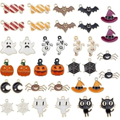 18pcs Enamel Alloy Halloween Charms Evil Candy Bat Hat Spider Pumpkin Ghost Jewelry DIY Pendant For Earrings Keychain Gifts