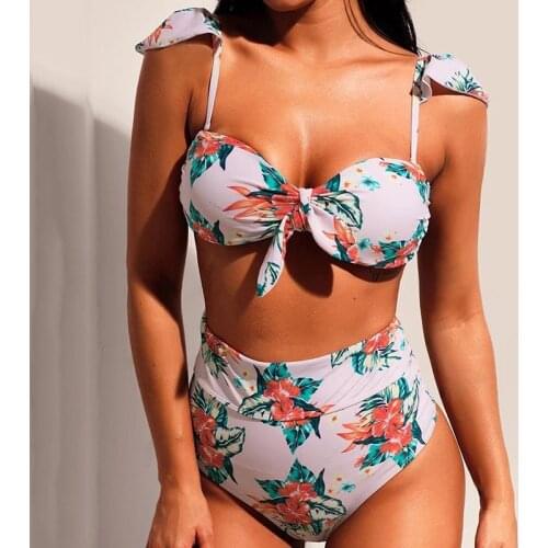 2020 Sexy Floral Print Bikini High waist Swimsuit Women Bandeau Swimwear Female Knotted Bikini set Polka Dot Bathing suit Swim