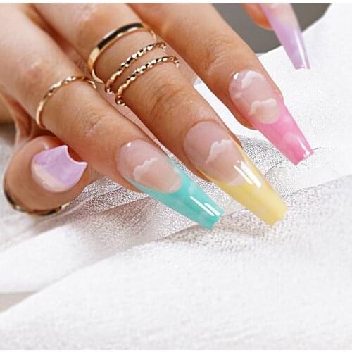 24pcs/Set Detachable Coffin False Extra Long Ballerina False Nail Tip Cloud Artificial Fingernail Decals French Fake Full Tips