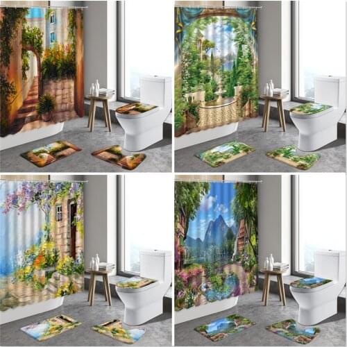 4pcst European Style Flower Plant Scenery Shower Curtain Vintage Town Garden Spring landscape Anti-Slip ​Rug Toilet Bath Mat Set