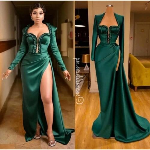 Plus Size Green Prom Dresses Sexy Thigh High Split Long Sleeve Evening Dresses Lace Appliques Satin Runway Fashion Gowns Ogstuff