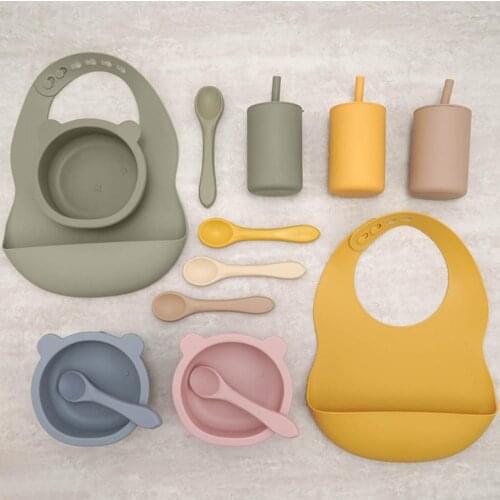 BPA Free Baby Solid Color Silicone Baby Bibs New Design Animal Shaped Infant Tableware Portable Drinking Straw Cup With Lid