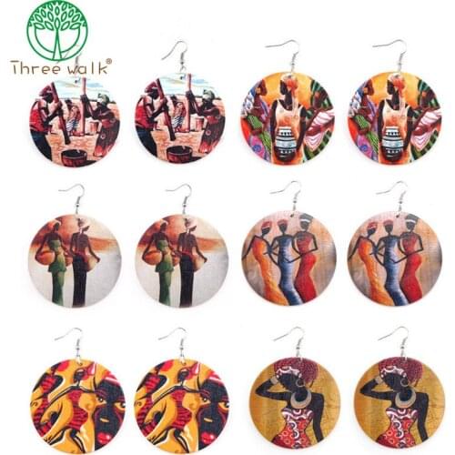 E267 Vintage Painted Africa Wooden Drop Earrings For Women Statement Round African Ethnic Fashion Jewelry wholesale