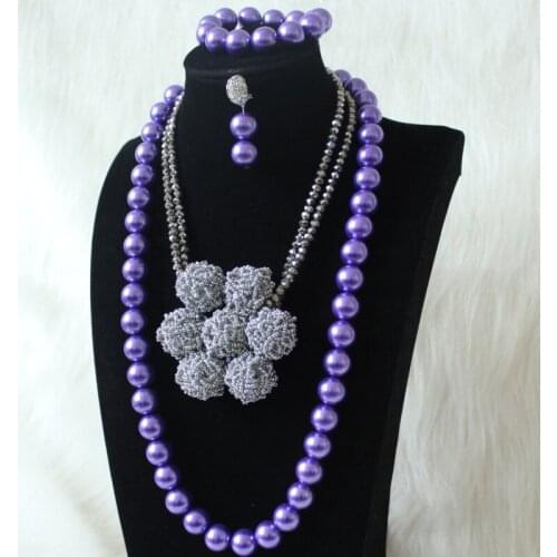 Dudo One Layer Purple and Silver Long Shell Beads Necklace Sets For Bridal Party Women Accessories Fashion 2020