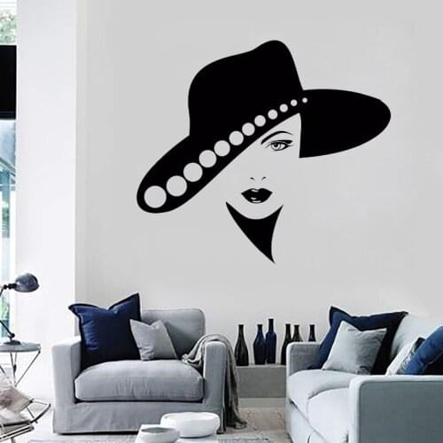 Cool Woman Hat Wall Decal Salon Girls Series Wall Murals Home Special Art Mural Removable Beautiful Lips Girl Room Decor T-16
