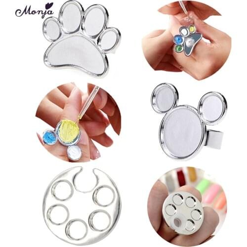 Monja 3 Styles Nail Art Mini Metal Finger Ring Palette Mixing Acrylic Gel Polish Drawing Color Painting Dish Glue Palettes Tools