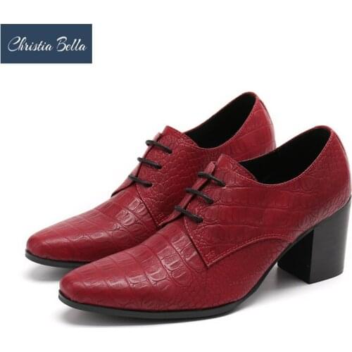 Christia Bella Designer Red Genuine Leather Men Dress Shoes High Heel Party Oxford Shoes Thick Heel Lace Up Male Ankle Boots