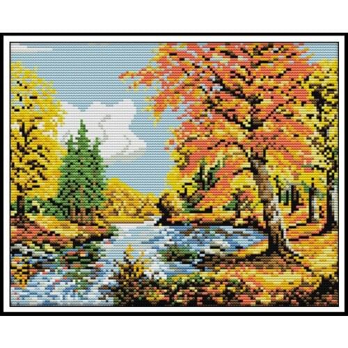 Autumn Scenery Patterns Printed Cross Stitch Kits 14ct DIY Hand Embroidery Kit Cotton Thread 11ct Counted Canvas Needlework Sets