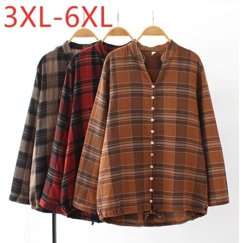 New 2021 ladies spring autumn plus size tops for women large blouse long sleeve loose cotton brown plaid shirt 3XL 4XL 5XL 6XL